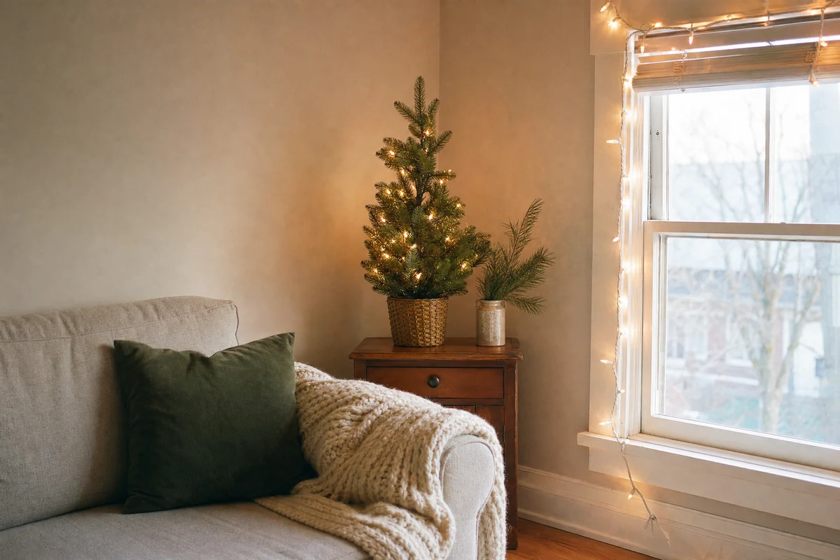 Small apartment living room corner with a lit tabletop tree on a side table, warm string lights along the window, and a knit throw over the sofa arm