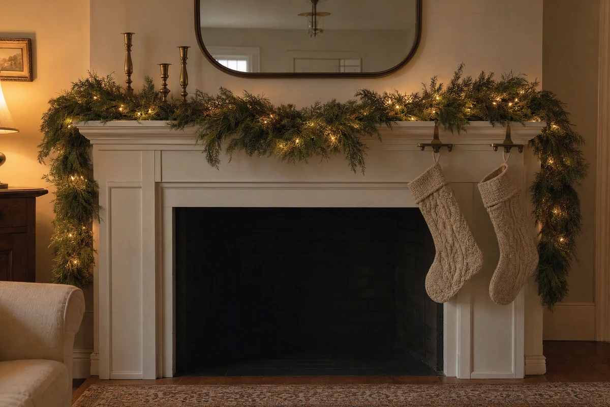 Layered evergreen garland draped along a painted mantel with a swag in the center, brass candlesticks and two knit stockings