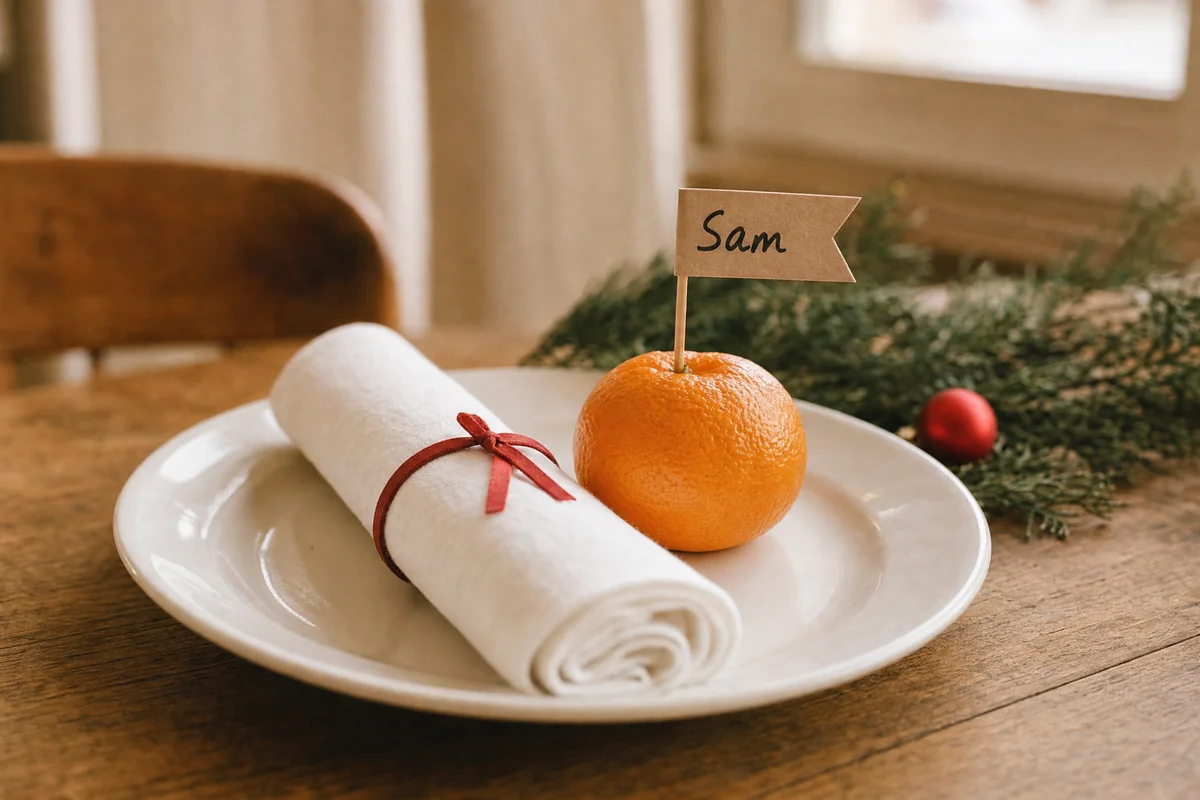 A rolled white napkin tied with red ribbon on a white plate, beside a mandarin with a small paper tag standing out of its top on a toothpick and a name handwritten on it, evergreen sprigs blurred behind