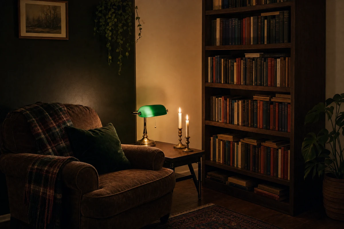 Corner of a small living room at night with the ceiling light off, one wall painted dark green, a dark-brown bookcase full of mixed hardcovers, a green-shaded desk lamp lit on a side table and two white taper candles in mismatched brass holders