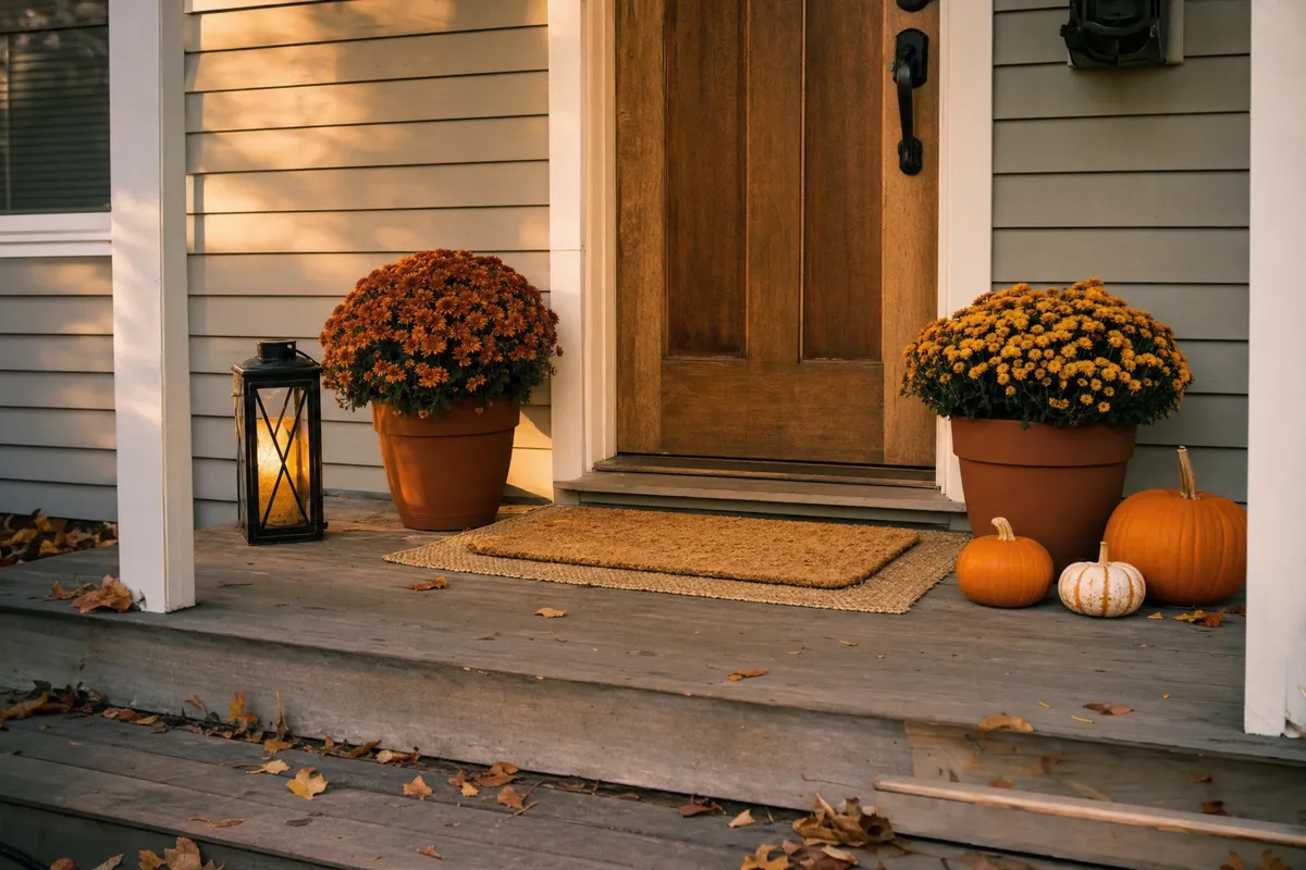 Small front porch decorated for fall with layered doormats, two potted mums, a pumpkin stack, and a lantern in warm afternoon light