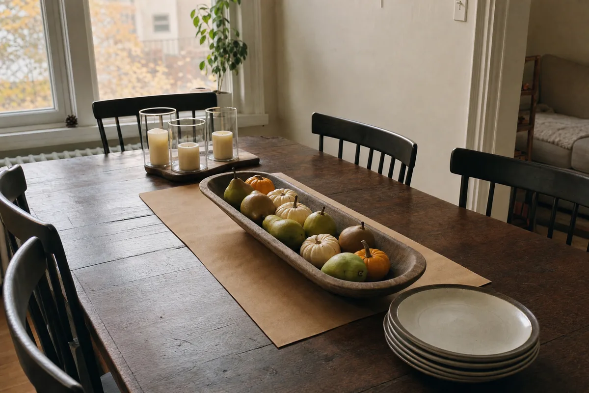 Long wooden dough bowl of pears and mini pumpkins on a kraft paper runner down a dining table, with three unlit cream pillar candles in glass cylinders on a small wooden board on the bare table beyond the paper