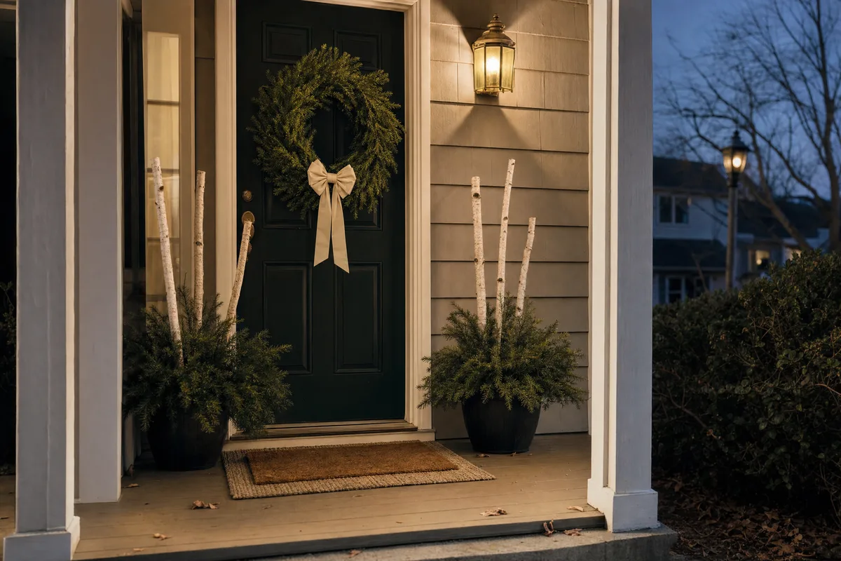 Dark green front door at dusk with a large evergreen wreath and cream ribbon bow, two black planters filled with cut boughs and white birch poles, a coir doormat over a jute rug, and one warm porch light