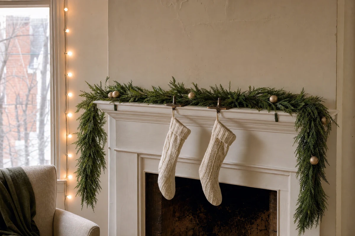 Rental apartment mantel with garland held on adhesive clips, two stockings on a weighted hanger, and warm string lights along a window frame
